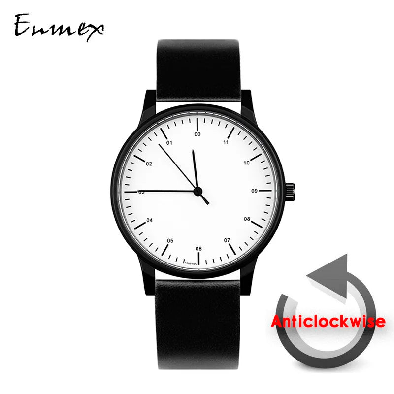 gift Enmex backward wristwatch creative design reversal time simple styleanti-clockwise casual  quartz  left-hand watch