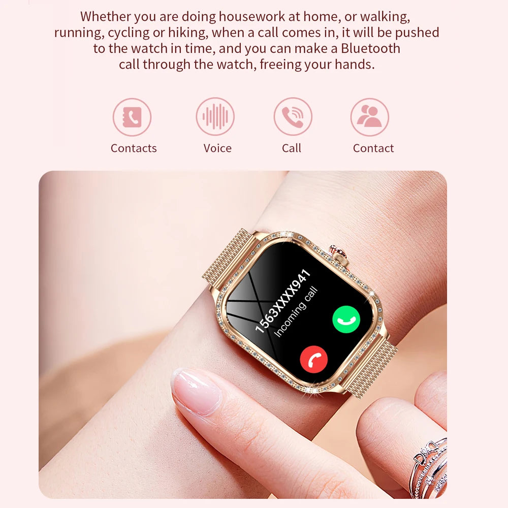 2026 New Fashion Women Diamond Smartwatch Heart Rate Blood Pressure Monitor Music Playback AI Voice Sports BT Calling SmartWatch