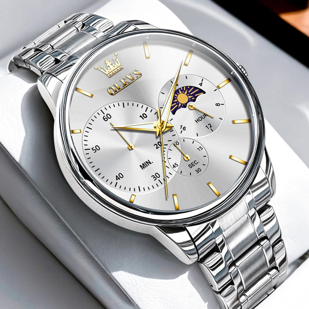 OLEVS Men's Watches Simple Casual Original Quartz Watch for Man Waterproof Stainleess Steel Luminous Moon Phase Chronograph 24H