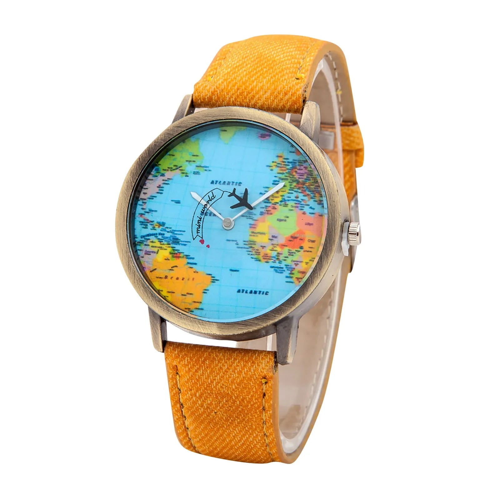 Fashion Global World Map Plane Denim Fabric Band Watch Casual Men Women Wristwatches Quartz Watch Gift Horloges Relógio