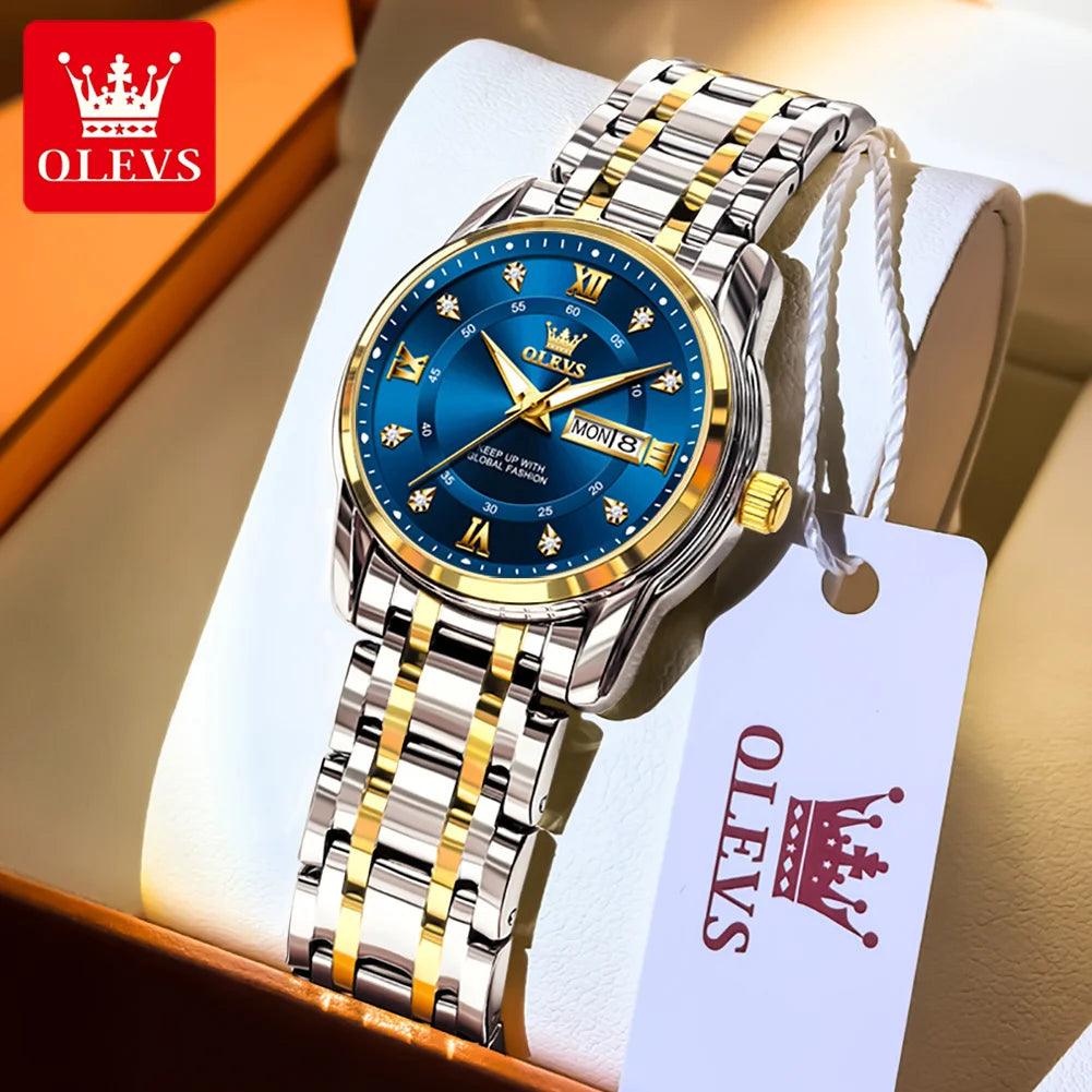 OLEVS Best Selling Fashion Stainless Steel Quartz Ladies Watch Luxury Dual Calendar Luminous Waterproof Elegant Watch for Women