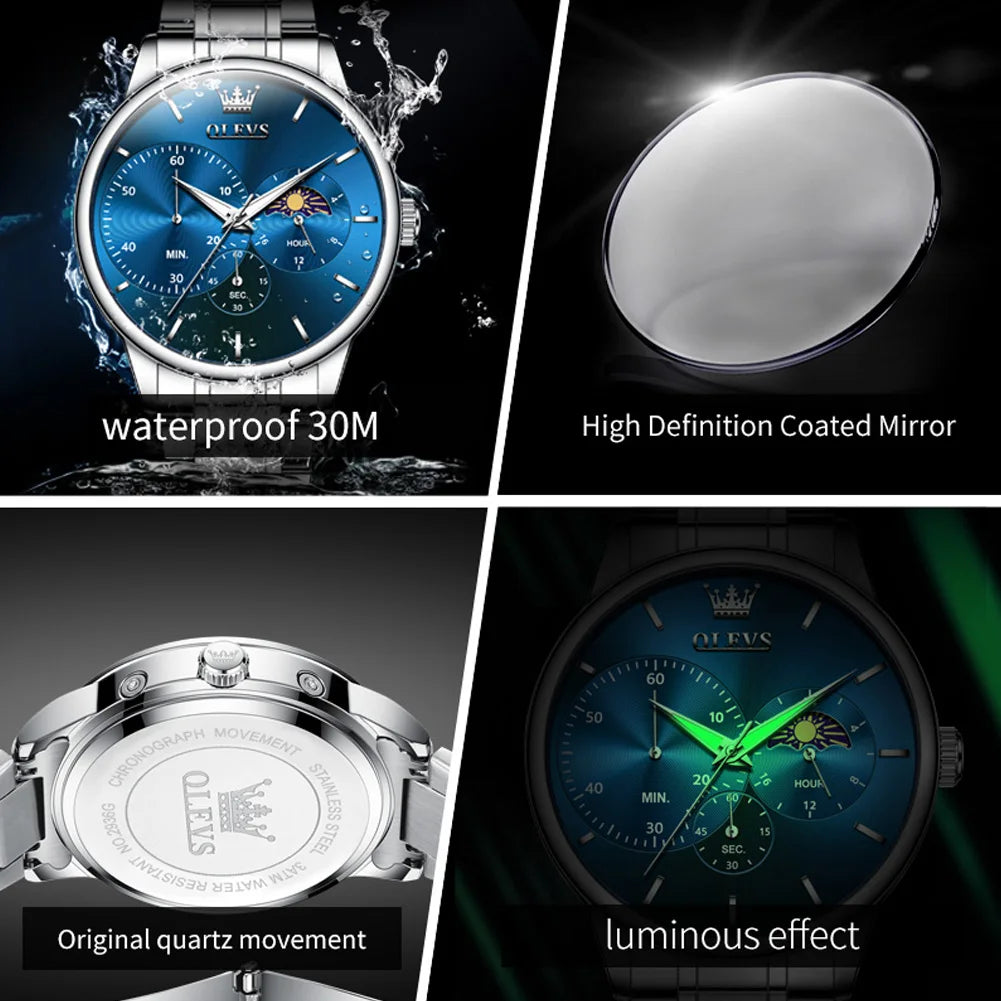 OLEVS Men's Watches Simple Casual Original Quartz Watch for Man Waterproof Stainleess Steel Luminous Moon Phase Chronograph 24H