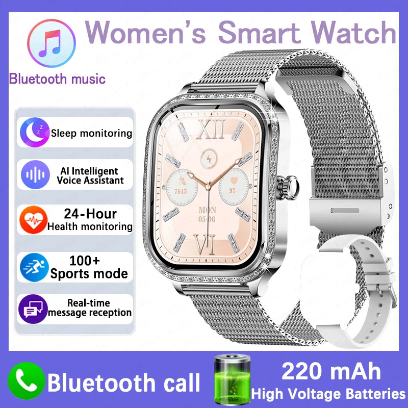 2026 New Fashion Women Diamond Smartwatch Heart Rate Blood Pressure Monitor Music Playback AI Voice Sports BT Calling SmartWatch