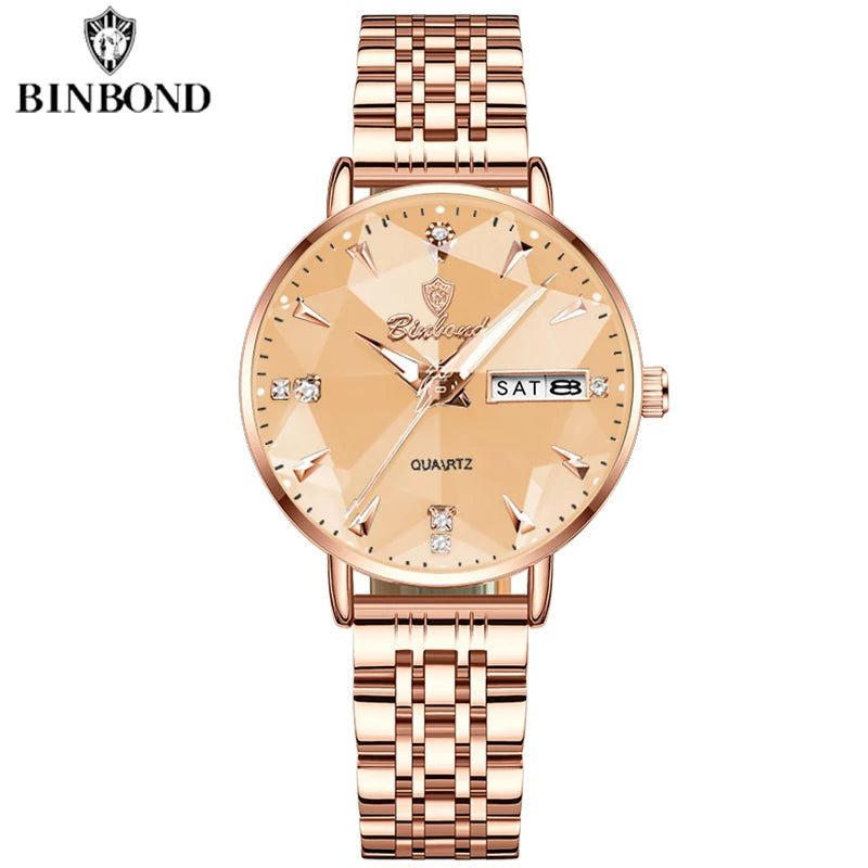 BINBOND New Women's Watch High Quality Elegant Jewelry Design Waterproof Quartz Watch Luxury Rose Gold Wmen's Watch Reloj Mujer