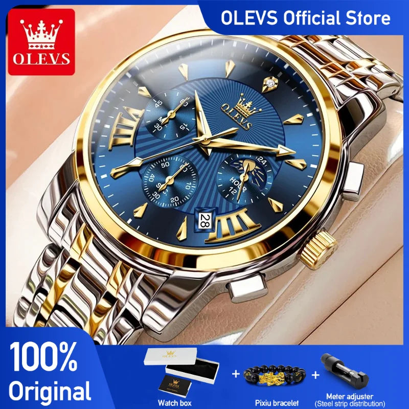 OLEVS Men's Watches Top Brand Multifunctional Chronograph Wristwatch Original Quartz Watch for Man Waterproof Luminous Date Moon