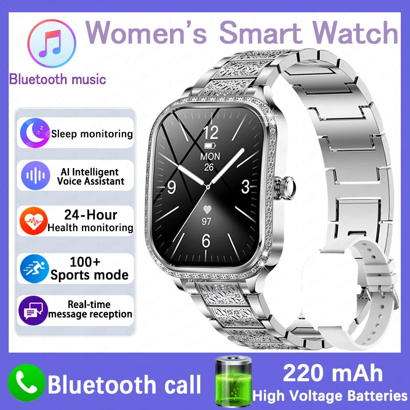 2026 New Fashion Women Diamond Smartwatch Heart Rate Blood Pressure Monitor Music Playback AI Voice Sports BT Calling SmartWatch