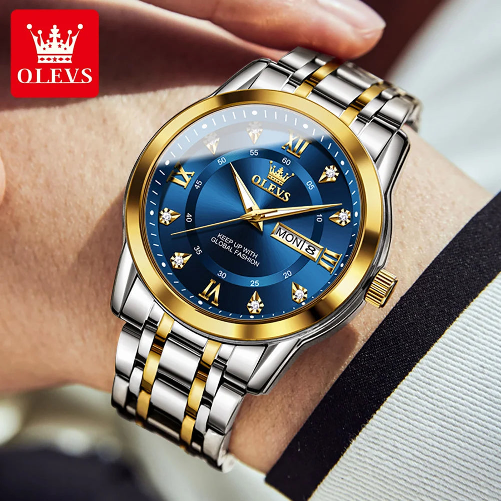 OLEVS Men's Watches Fashion Gold Original Quartz Watch for Man Stainless Steel Waterproof Luminous Wrist Watch Date Week Roman