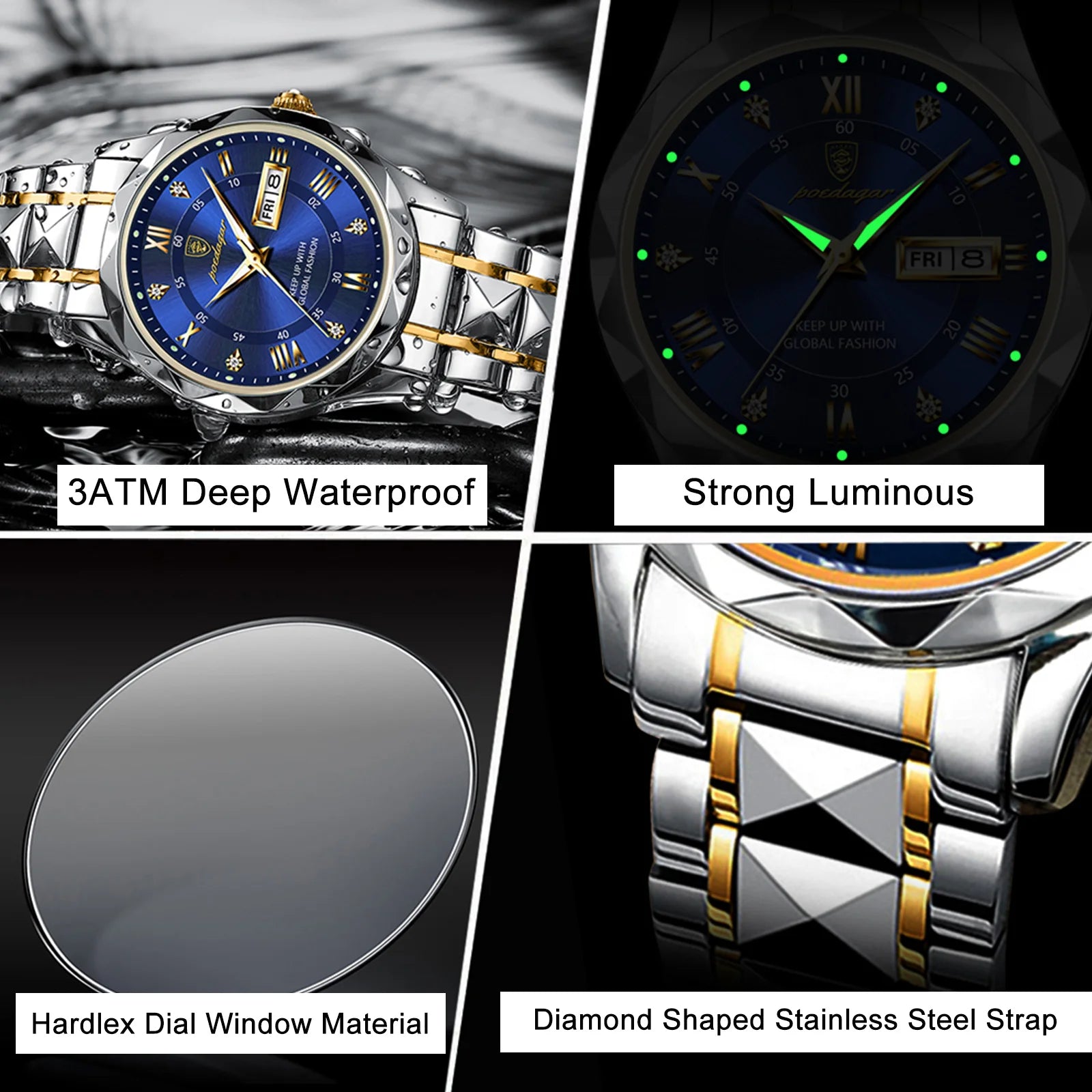 POEDAGAR Luxury Men Wristwatch Waterproof Luminous Date Week Watch For Man Stainless Steel Men's Watches Quartz Male Clock Sport