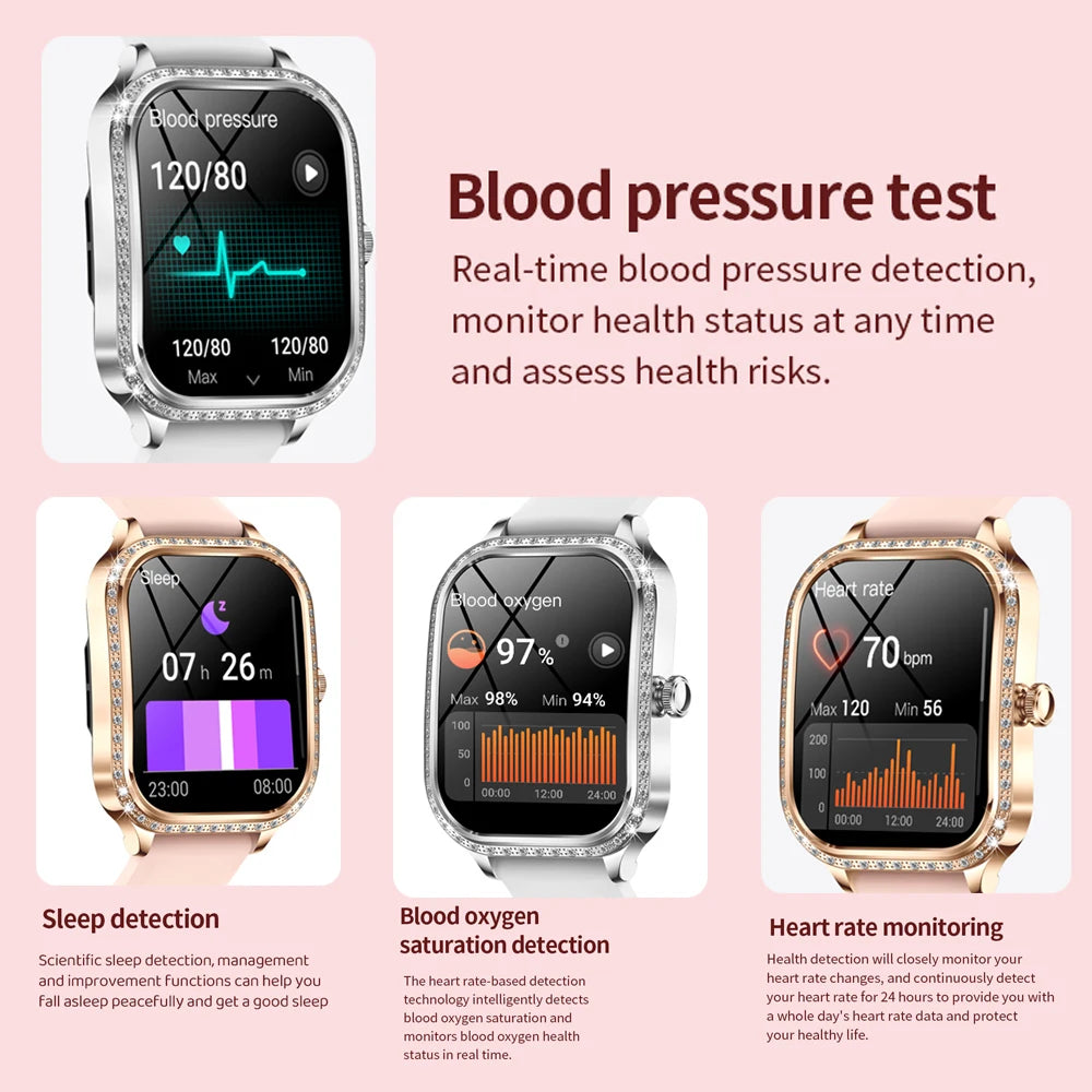 2026 New Fashion Women Diamond Smartwatch Heart Rate Blood Pressure Monitor Music Playback AI Voice Sports BT Calling SmartWatch