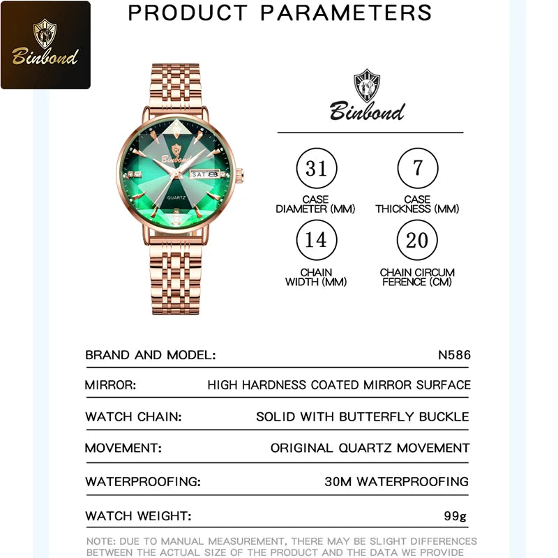 BINBOND New Women's Watch High Quality Elegant Jewelry Design Waterproof Quartz Watch Luxury Rose Gold Wmen's Watch Reloj Mujer
