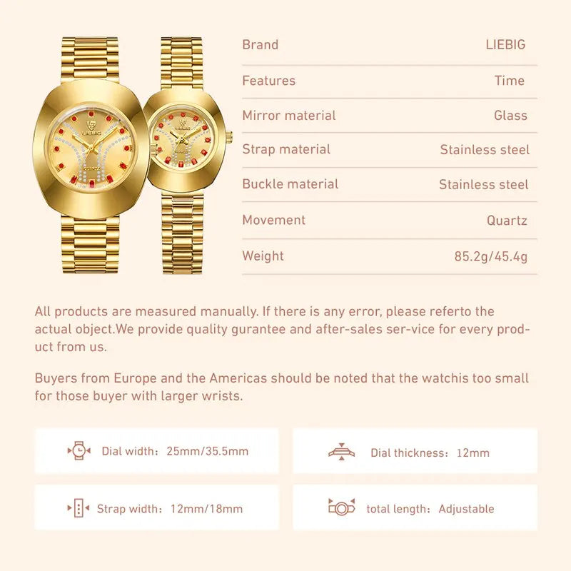 LIEBIG Luxury Oval Golden Stainless Steel Quartz Watch Women Men Casual Female Male Clock Waterproof Wristwatch Relogio Feminino