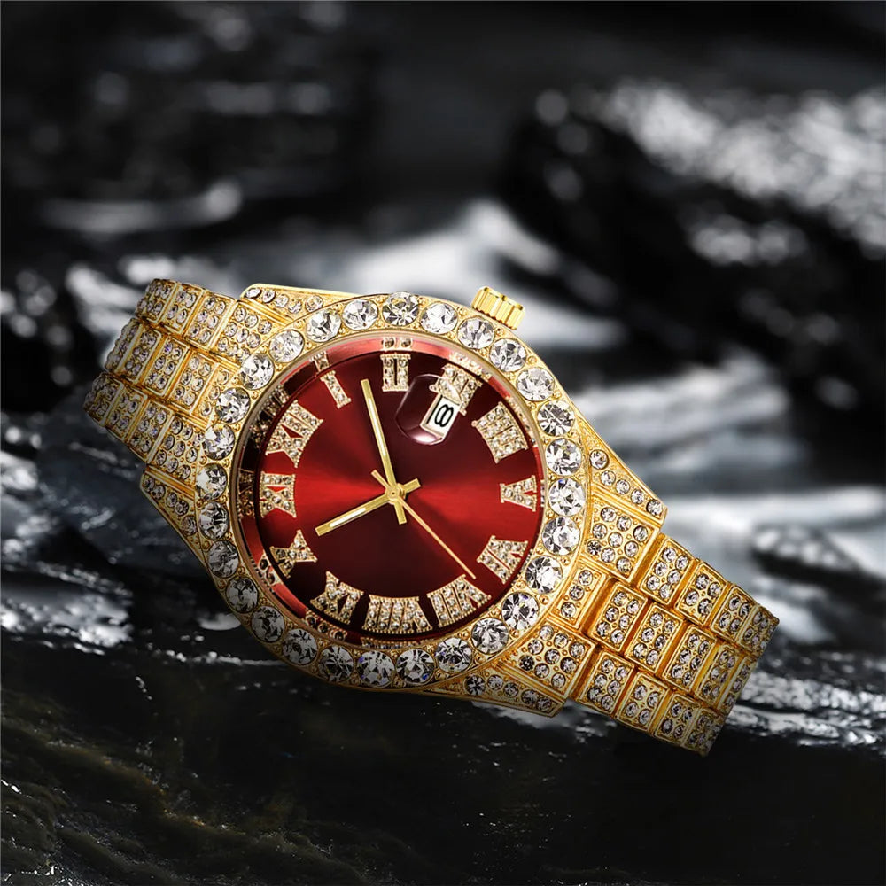 New Hip Hop Iced Out Men Watch Full Rhinestone Around Luxury Quartz Watches Round Clock Unisex Red Dial Wrist Watch Gift
