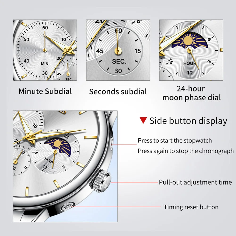 OLEVS Men's Watches Simple Casual Original Quartz Watch for Man Waterproof Stainleess Steel Luminous Moon Phase Chronograph 24H