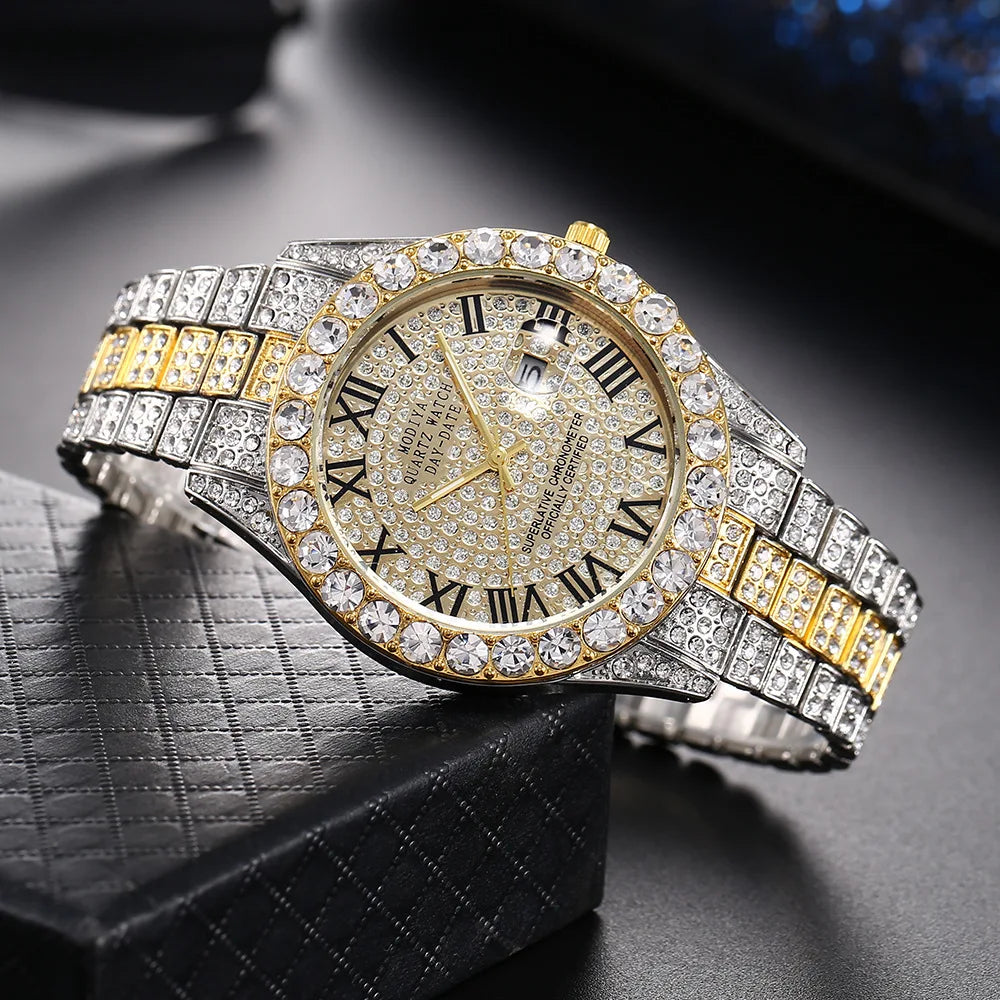 New Hip Hop Iced Out Men Watch Full Rhinestone Around Luxury Quartz Watches Round Clock Unisex Red Dial Wrist Watch Gift