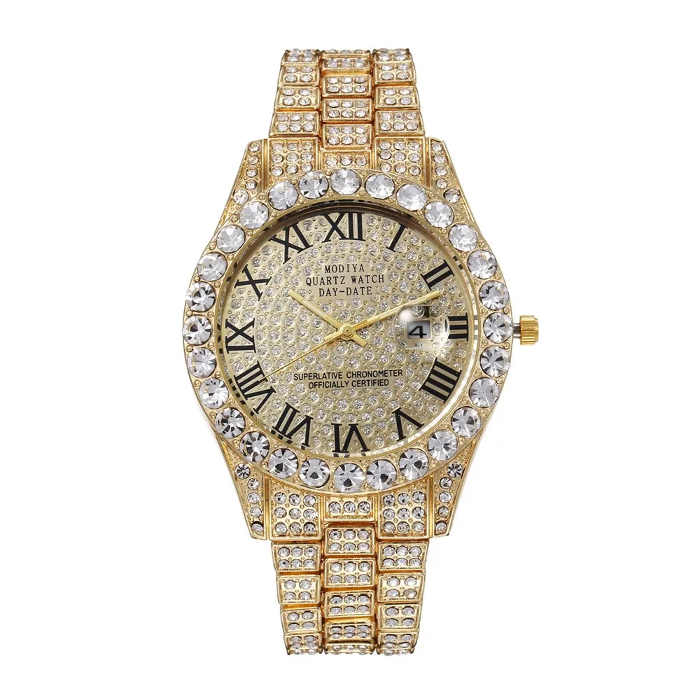 New Hip Hop Iced Out Men Watch Full Rhinestone Around Luxury Quartz Watches Round Clock Unisex Red Dial Wrist Watch Gift