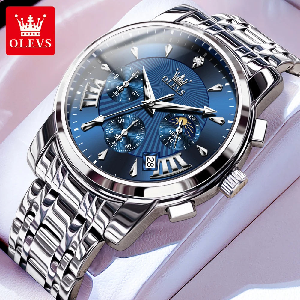 OLEVS Men's Watches Top Brand Multifunctional Chronograph Wristwatch Original Quartz Watch for Man Waterproof Luminous Date Moon