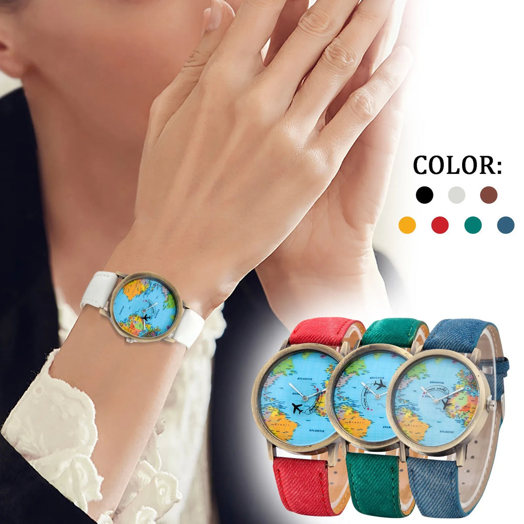 Fashion Global World Map Plane Denim Fabric Band Watch Casual Men Women Wristwatches Quartz Watch Gift Horloges Relógio