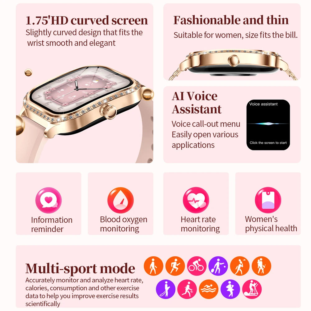 2026 New Fashion Women Diamond Smartwatch Heart Rate Blood Pressure Monitor Music Playback AI Voice Sports BT Calling SmartWatch