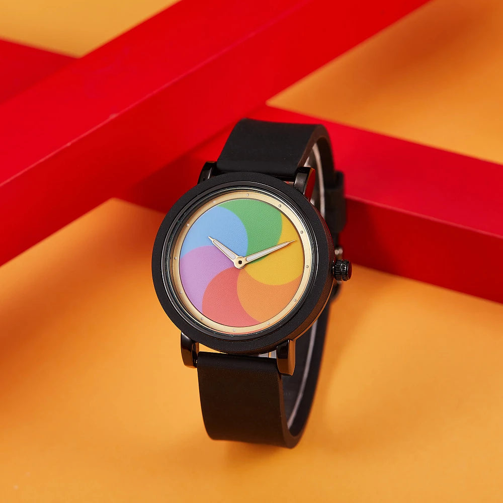 Personality leisure rainbow rotating dial silicone strap round quartz watch