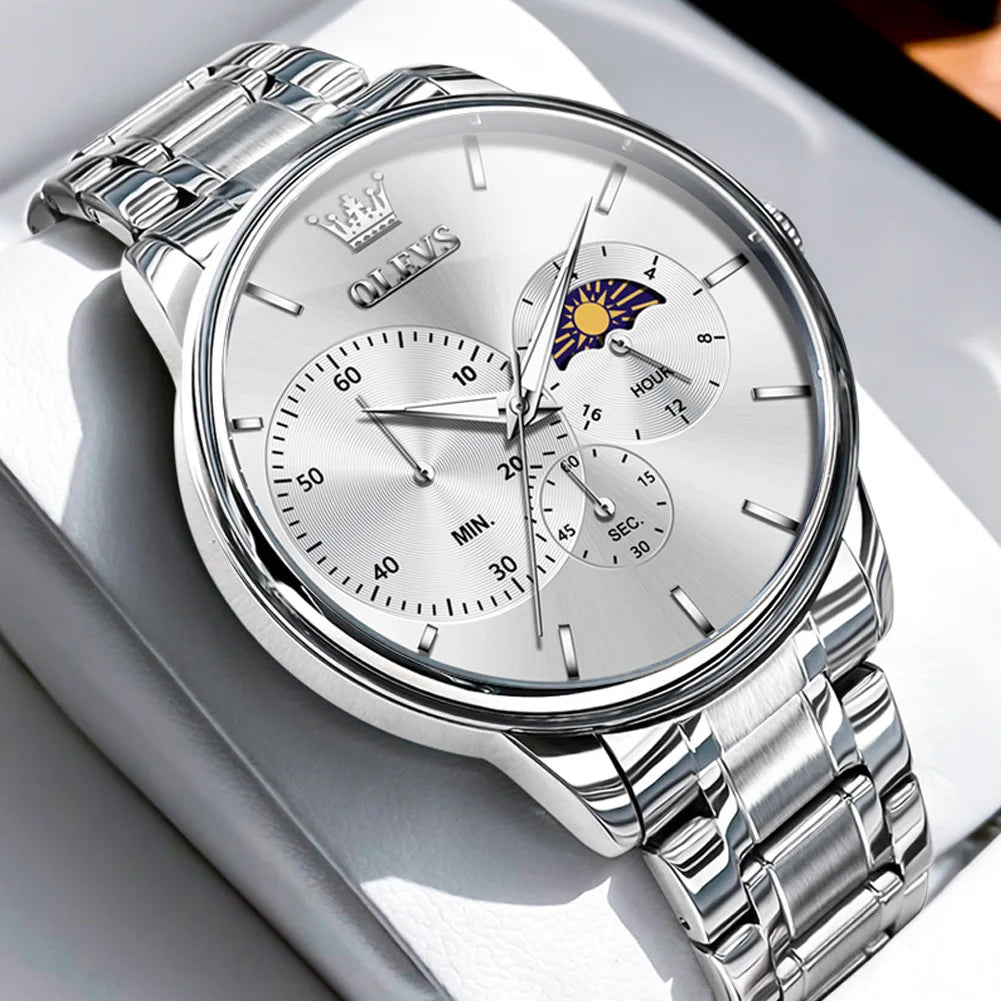 OLEVS Men's Watches Simple Casual Original Quartz Watch for Man Waterproof Stainleess Steel Luminous Moon Phase Chronograph 24H