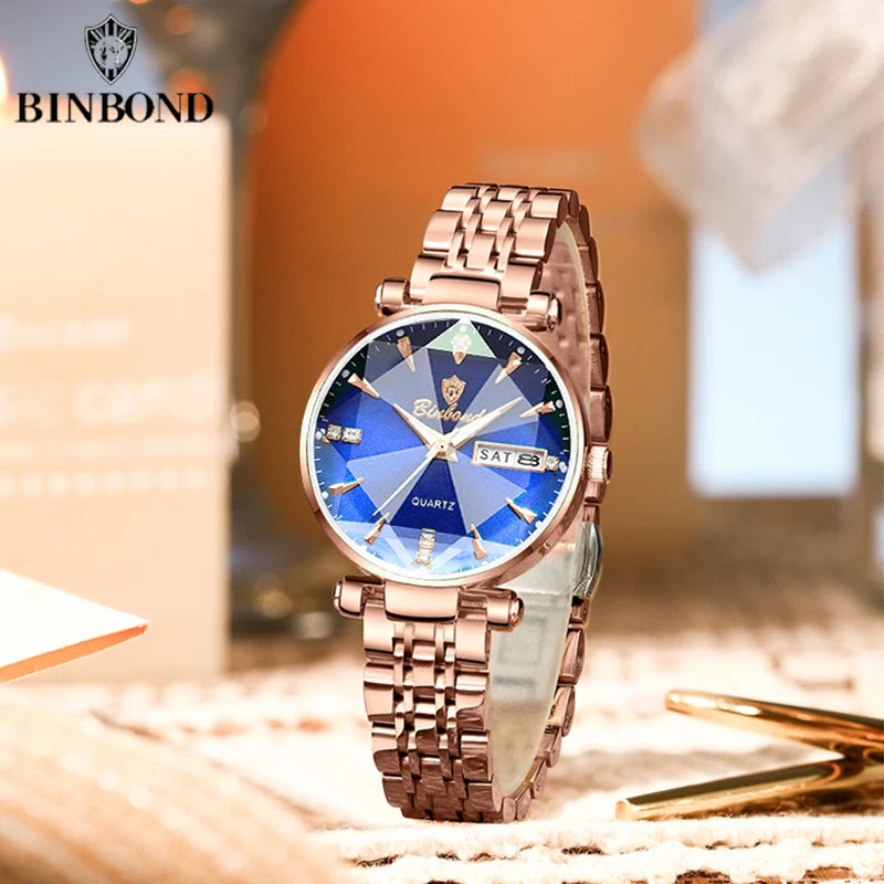 BINBOND New Women's Watch High Quality Elegant Jewelry Design Waterproof Quartz Watch Luxury Rose Gold Wmen's Watch Reloj Mujer