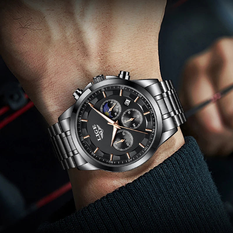 LIGE Top Brand Luxury Quartz Man Watch Classic Fashion Stainless Clock Moon Phase Auto Date Waterproof Watches Male Reloj Hombre