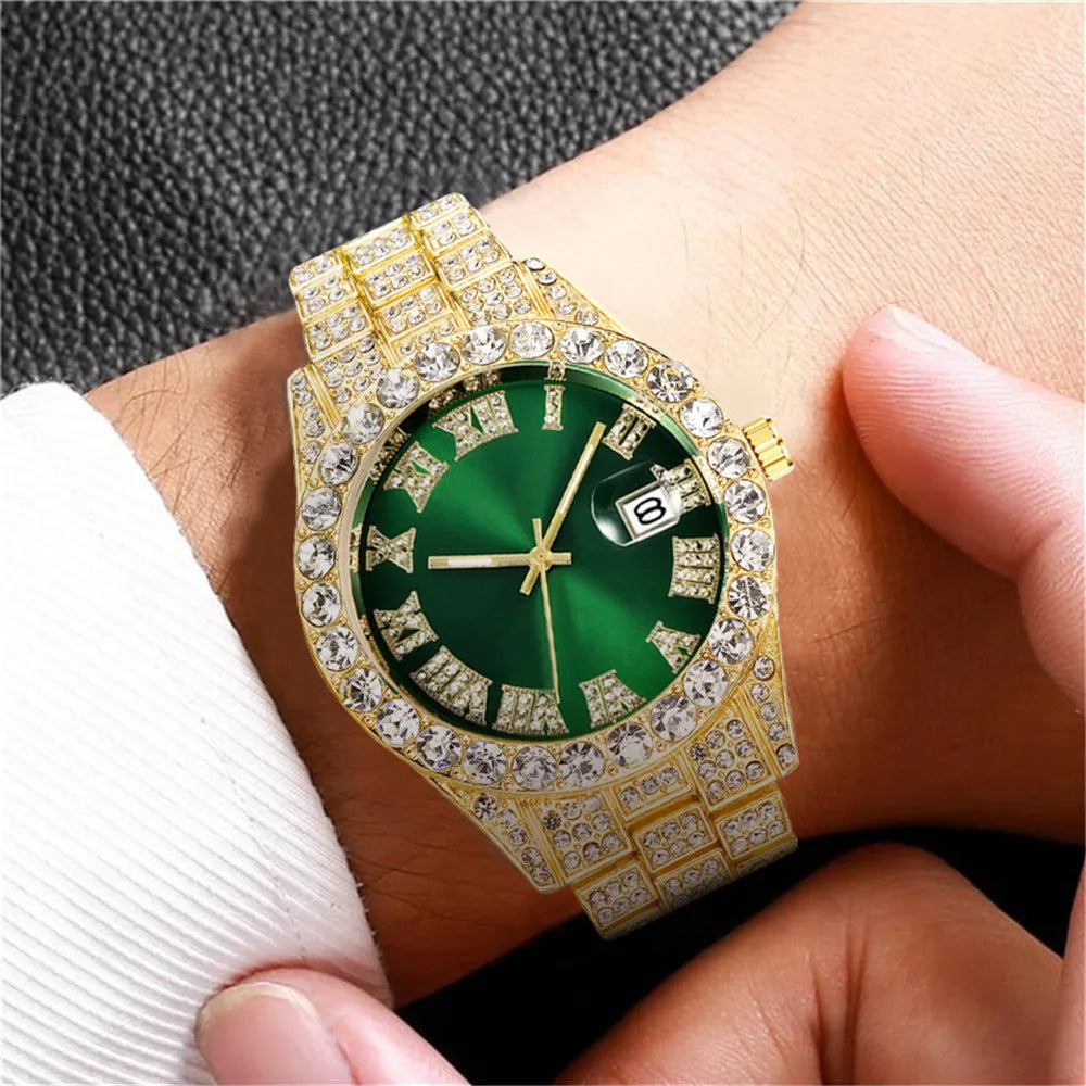 New Hip Hop Iced Out Men Watch Full Rhinestone Around Luxury Quartz Watches Round Clock Unisex Red Dial Wrist Watch Gift