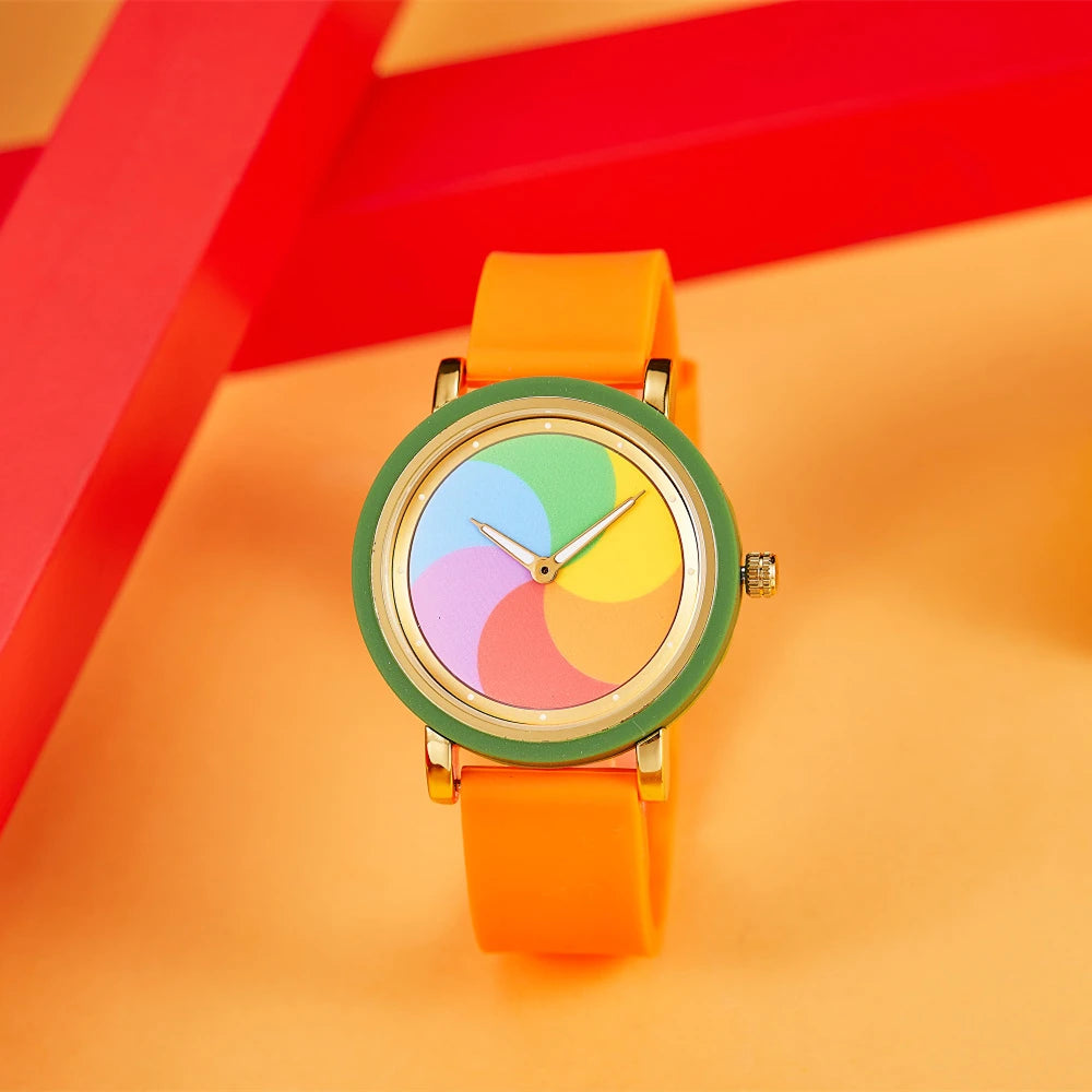 Personality leisure rainbow rotating dial silicone strap round quartz watch