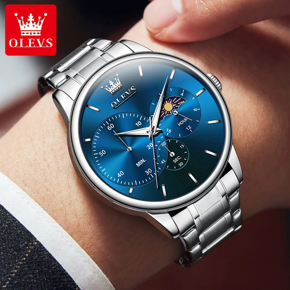 OLEVS Men's Watches Simple Casual Original Quartz Watch for Man Waterproof Stainleess Steel Luminous Moon Phase Chronograph 24H
