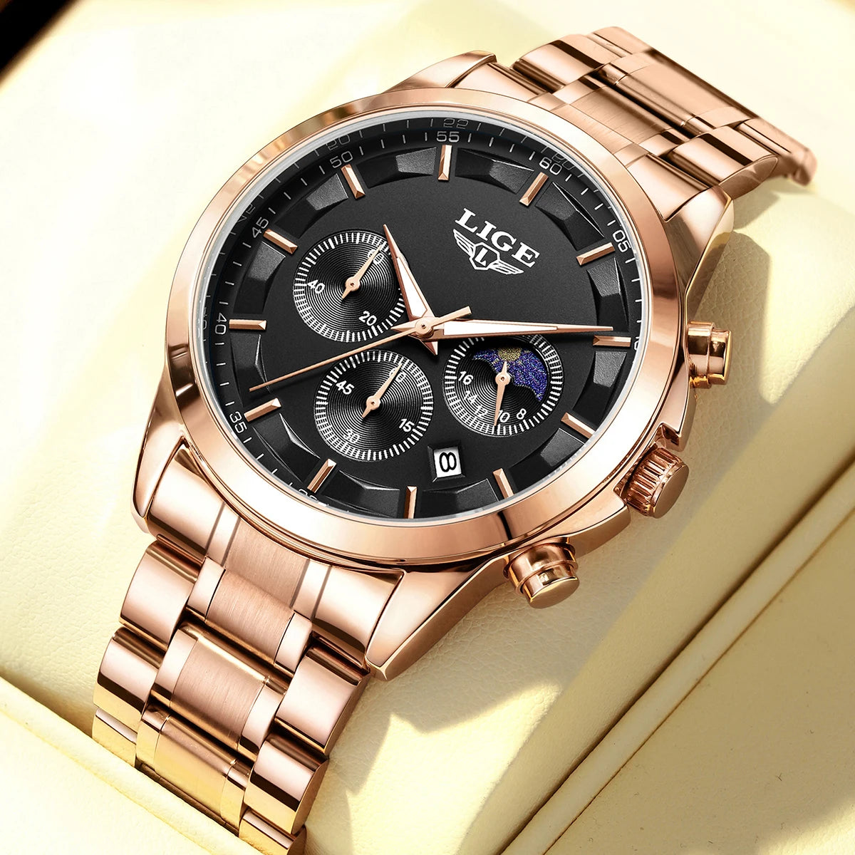 LIGE Top Brand Luxury Quartz Man Watch Classic Fashion Stainless Clock Moon Phase Auto Date Waterproof Watches Male Reloj Hombre