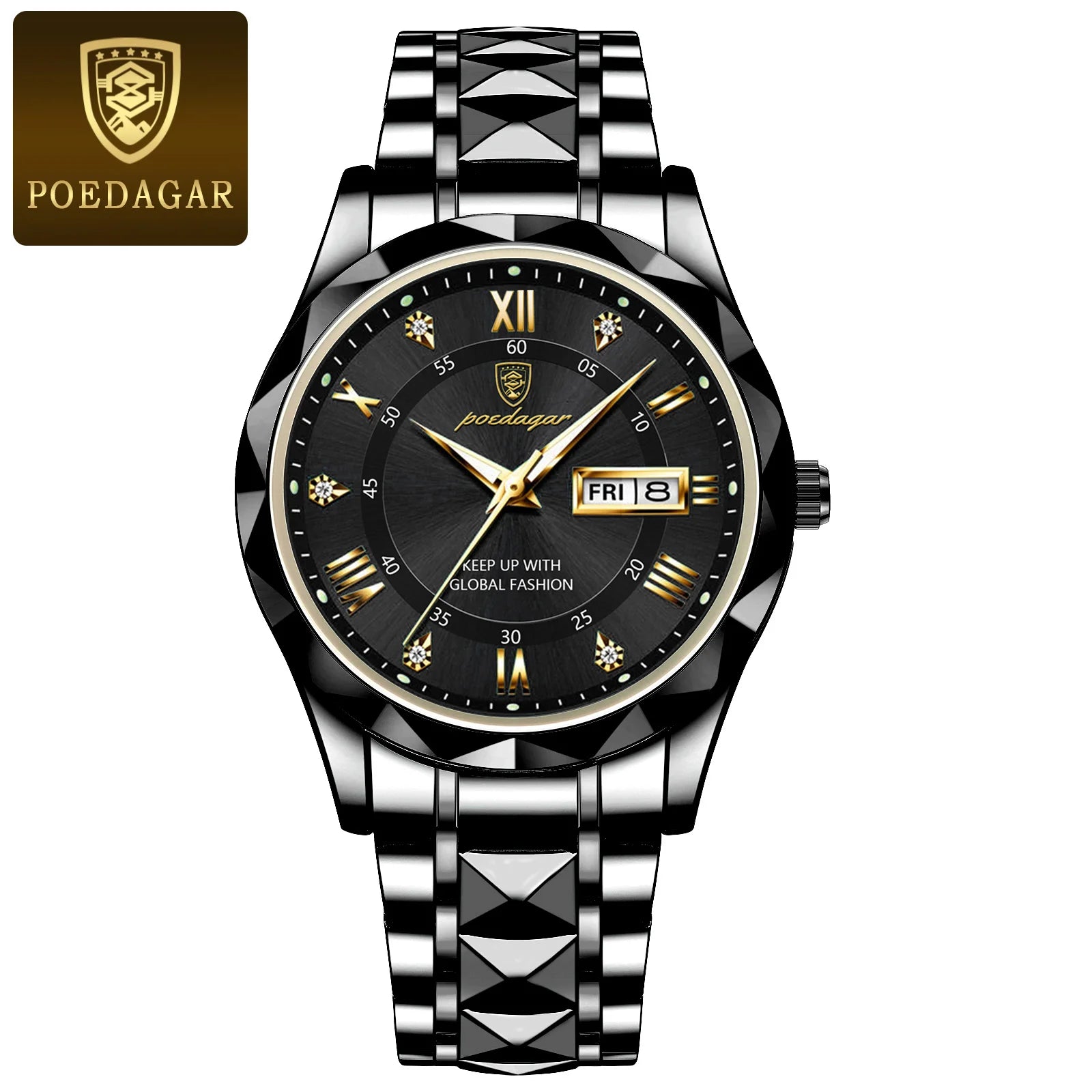 POEDAGAR Luxury Men Wristwatch Waterproof Luminous Date Week Watch For Man Stainless Steel Men's Watches Quartz Male Clock Sport