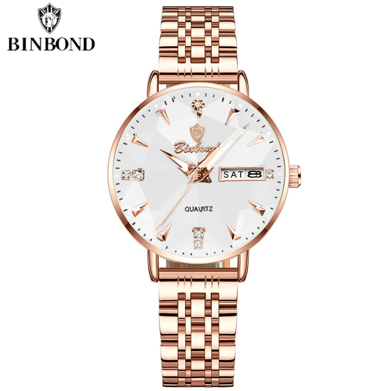BINBOND New Women's Watch High Quality Elegant Jewelry Design Waterproof Quartz Watch Luxury Rose Gold Wmen's Watch Reloj Mujer