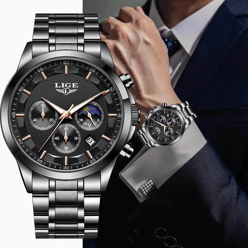 LIGE Top Brand Luxury Quartz Man Watch Classic Fashion Stainless Clock Moon Phase Auto Date Waterproof Watches Male Reloj Hombre
