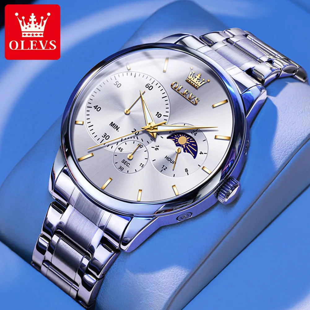 OLEVS Men's Watches Simple Casual Original Quartz Watch for Man Waterproof Stainleess Steel Luminous Moon Phase Chronograph 24H