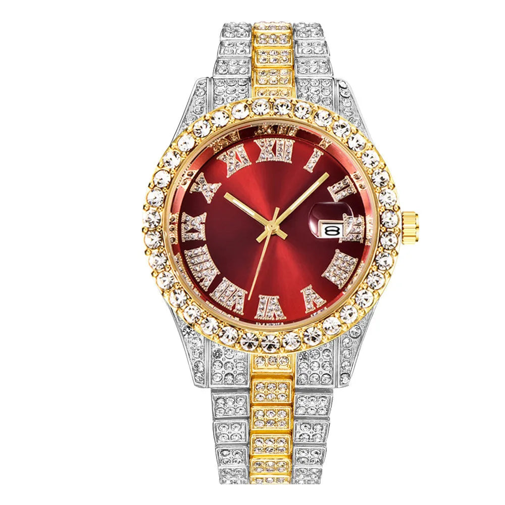 New Hip Hop Iced Out Men Watch Full Rhinestone Around Luxury Quartz Watches Round Clock Unisex Red Dial Wrist Watch Gift
