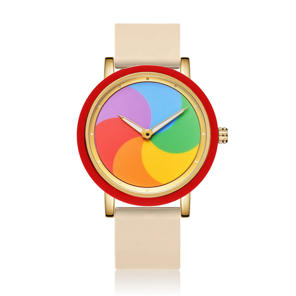 Personality leisure rainbow rotating dial silicone strap round quartz watch