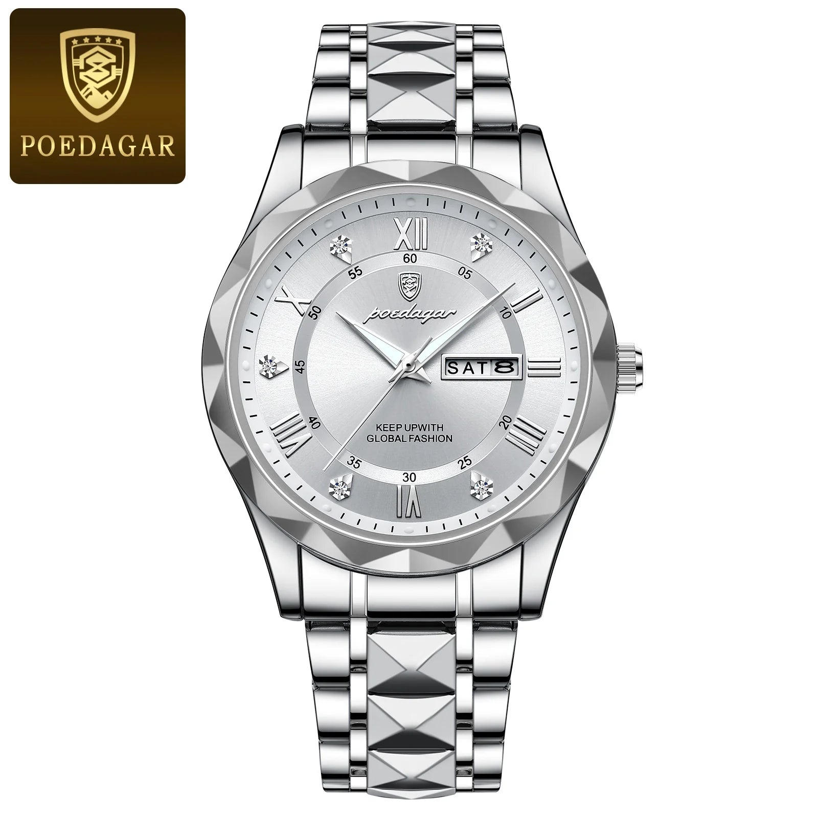 POEDAGAR Luxury Men Wristwatch Waterproof Luminous Date Week Watch For Man Stainless Steel Men's Watches Quartz Male Clock Sport