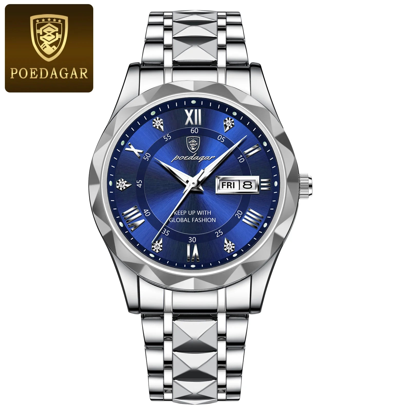 POEDAGAR Luxury Men Wristwatch Waterproof Luminous Date Week Watch For Man Stainless Steel Men's Watches Quartz Male Clock Sport