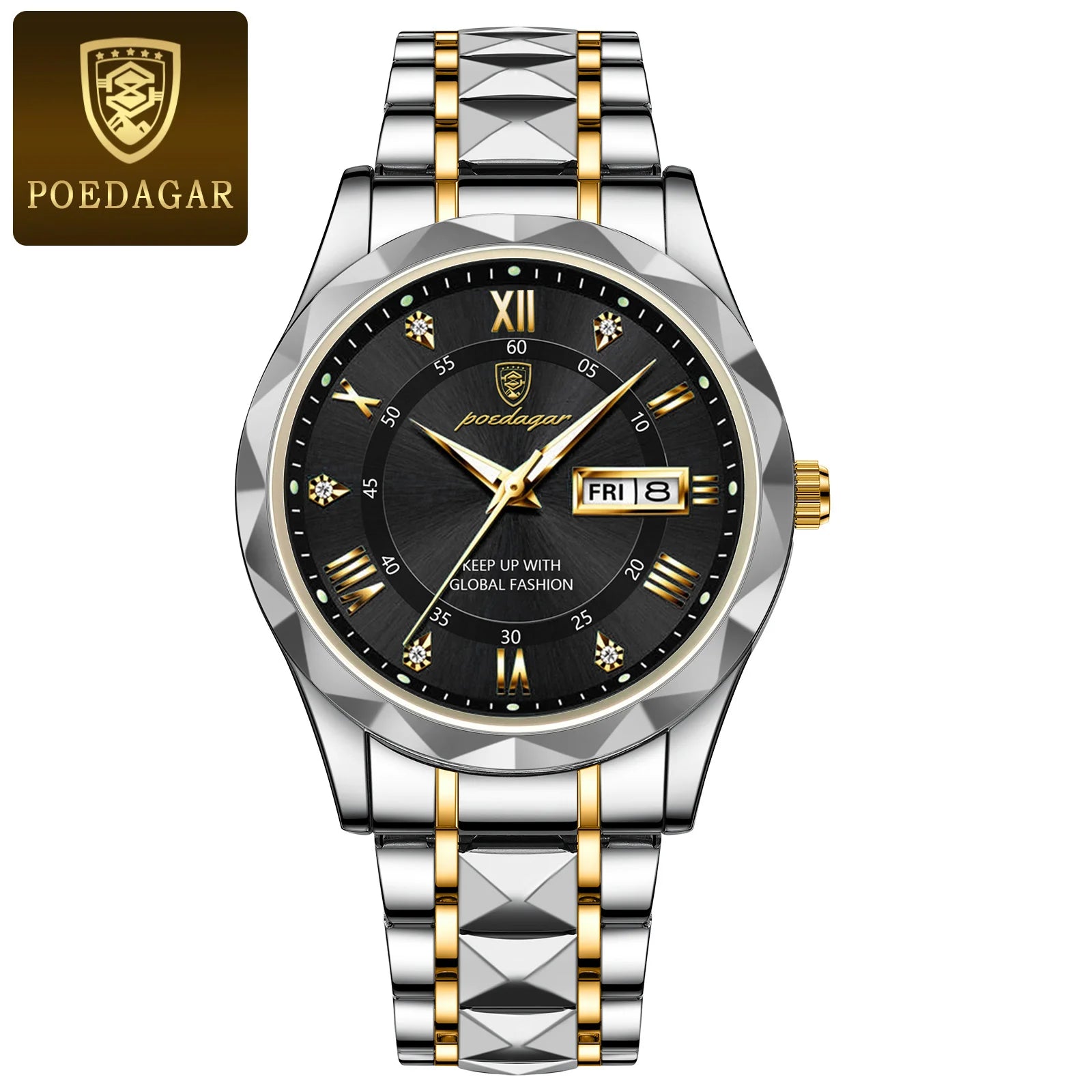POEDAGAR Luxury Men Wristwatch Waterproof Luminous Date Week Watch For Man Stainless Steel Men's Watches Quartz Male Clock Sport