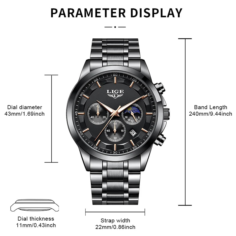LIGE Top Brand Luxury Quartz Man Watch Classic Fashion Stainless Clock Moon Phase Auto Date Waterproof Watches Male Reloj Hombre