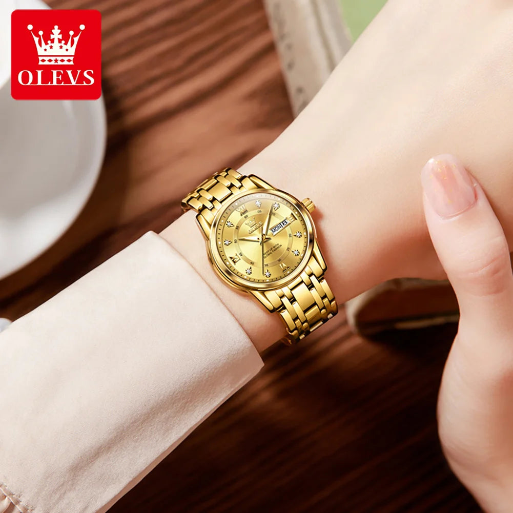 OLEVS Best Selling Fashion Stainless Steel Quartz Ladies Watch Luxury Dual Calendar Luminous Waterproof Elegant Watch for Women