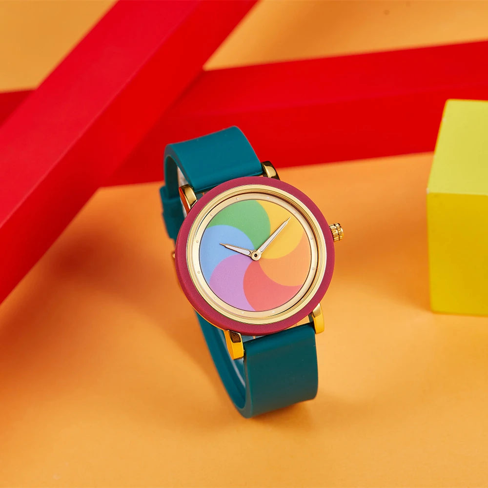 Personality leisure rainbow rotating dial silicone strap round quartz watch