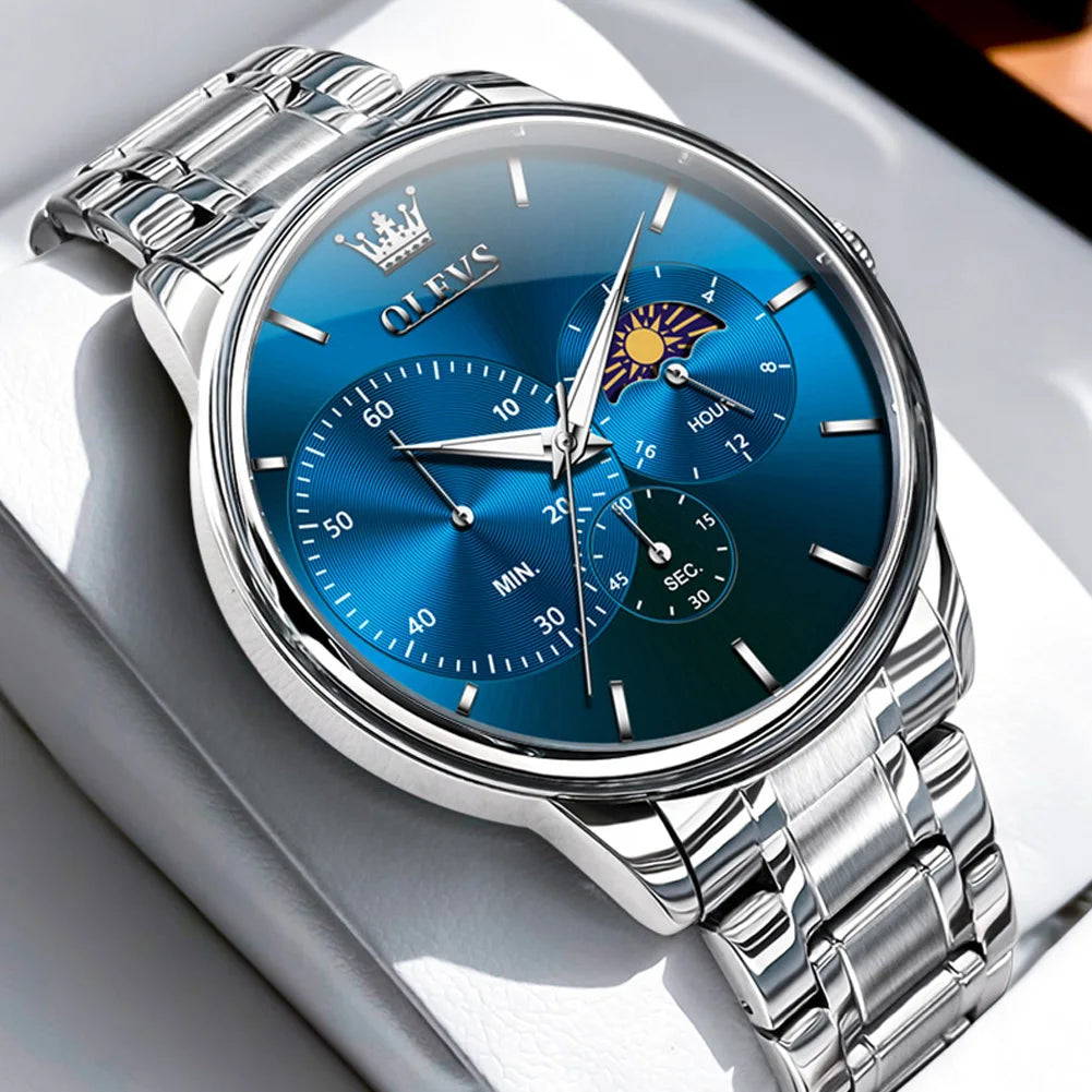 OLEVS Men's Watches Simple Casual Original Quartz Watch for Man Waterproof Stainleess Steel Luminous Moon Phase Chronograph 24H