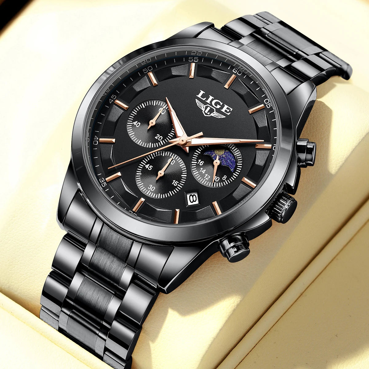 LIGE Top Brand Luxury Quartz Man Watch Classic Fashion Stainless Clock Moon Phase Auto Date Waterproof Watches Male Reloj Hombre