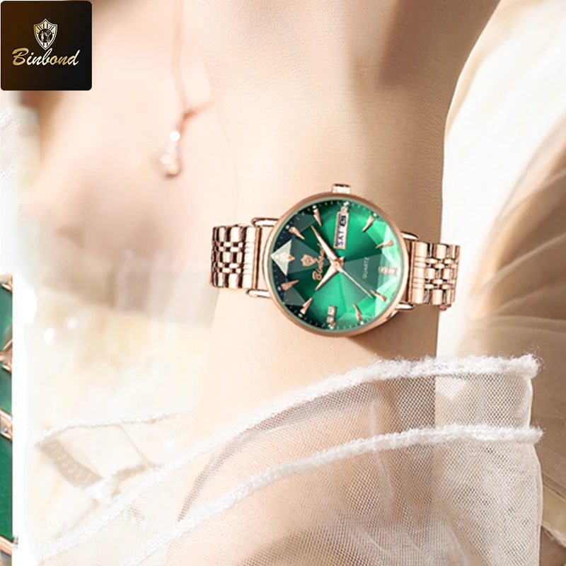 BINBOND New Women's Watch High Quality Elegant Jewelry Design Waterproof Quartz Watch Luxury Rose Gold Wmen's Watch Reloj Mujer