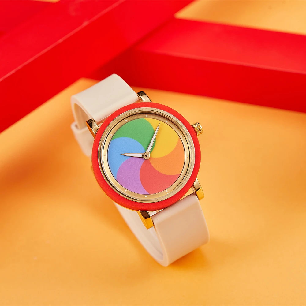 Personality leisure rainbow rotating dial silicone strap round quartz watch