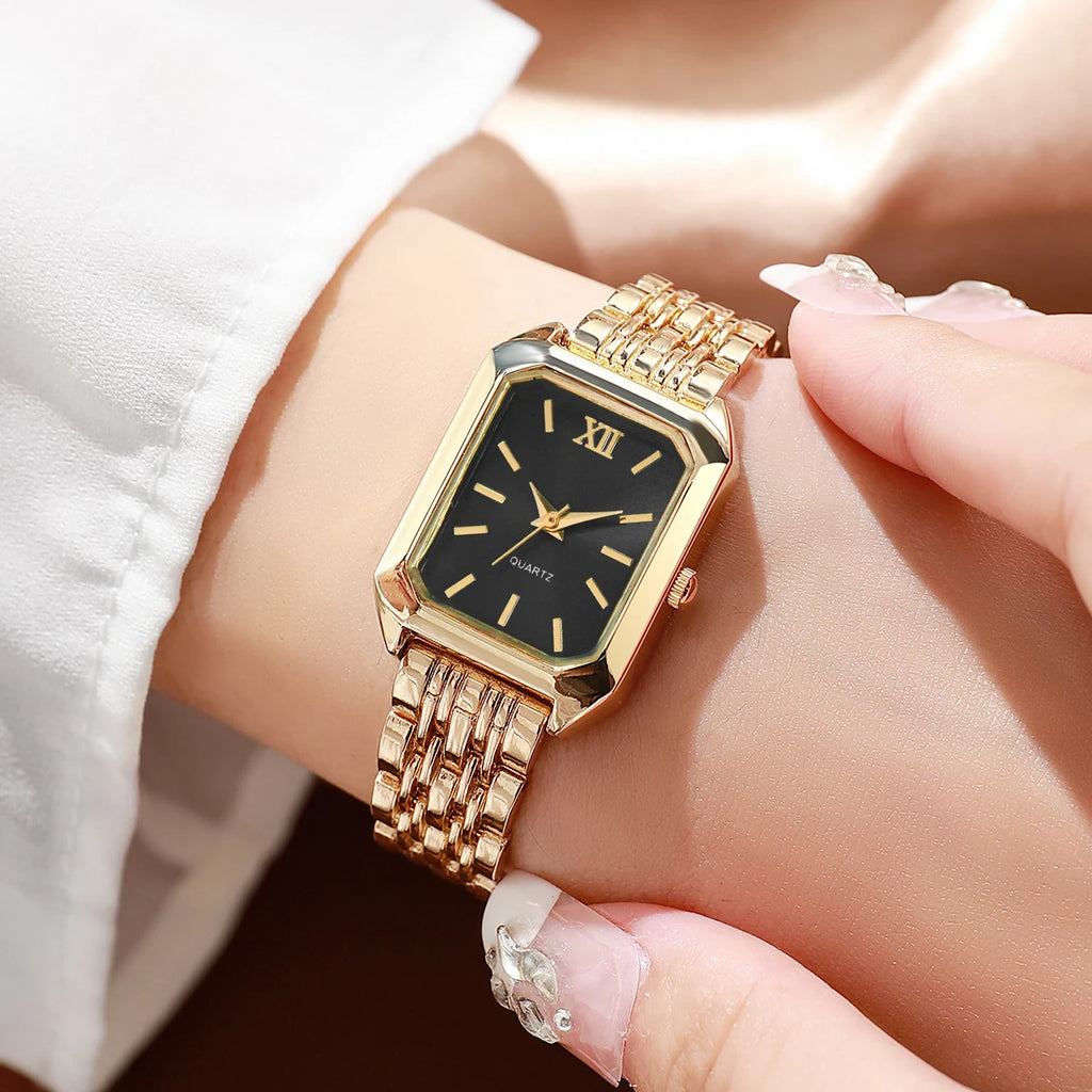 5PCS/Set Elegant Rectangle Women Watches Fashion Ladies Quartz Wristwatch Jewelry Set Reloj Mujer Girls Clock Gift（Without Box）