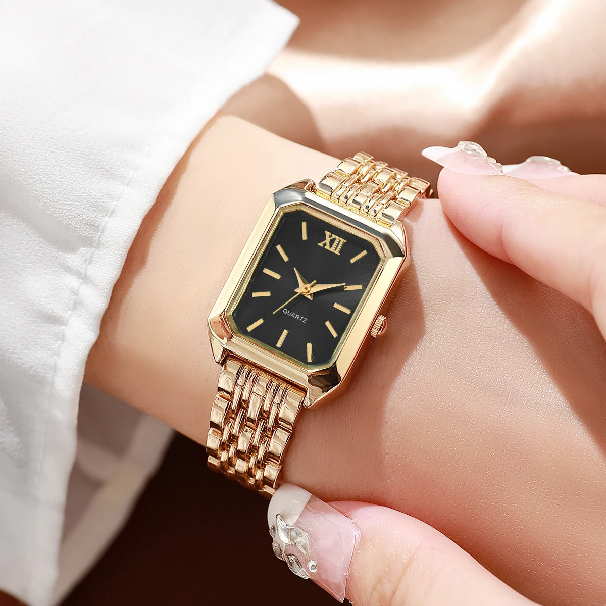 5PCS/Set Elegant Rectangle Women Watches Fashion Ladies Quartz Wristwatch Jewelry Set Reloj Mujer Girls Clock Gift（Without Box）