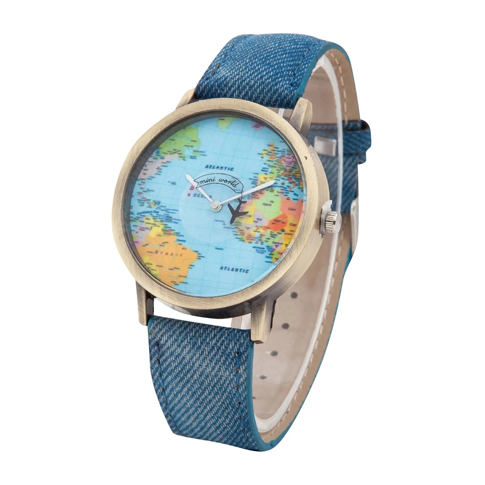 Fashion Global World Map Plane Denim Fabric Band Watch Casual Men Women Wristwatches Quartz Watch Gift Horloges Relógio