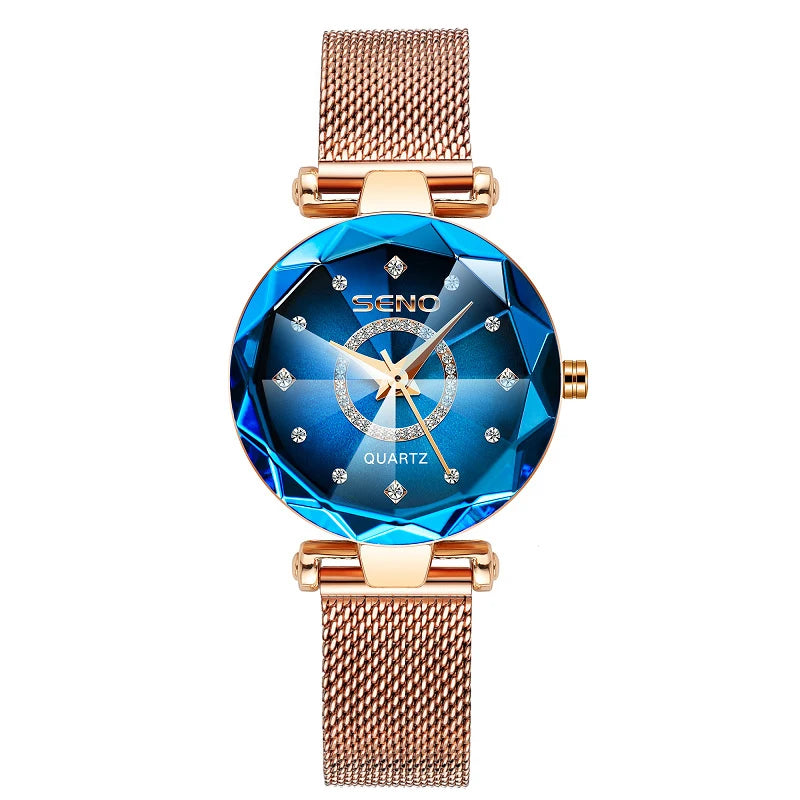 SENO Ocean Star Women Crystal Watch 2025 Top Brand Luxury Rose Gold Women Bracelet Watch For Ladies Wrist Watch Relogio Feminino